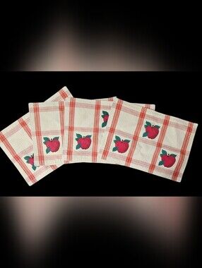 4 Vintage-style Country Place Mats Plaid Yellow  Check With Printed Apple Motif